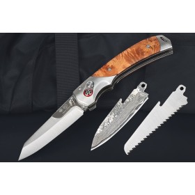 Shadow wood handle material axis folding knife with 3 different replaceable blades UD407840